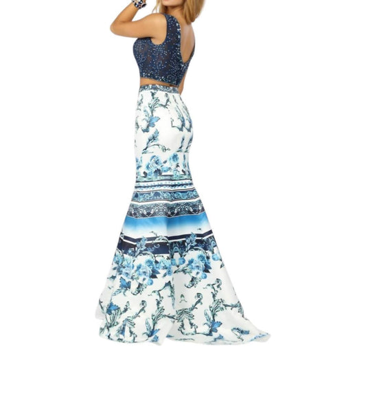 Zweiteiliges Kleid aus Perlen-Tüll und bedrucktem mattem Satin