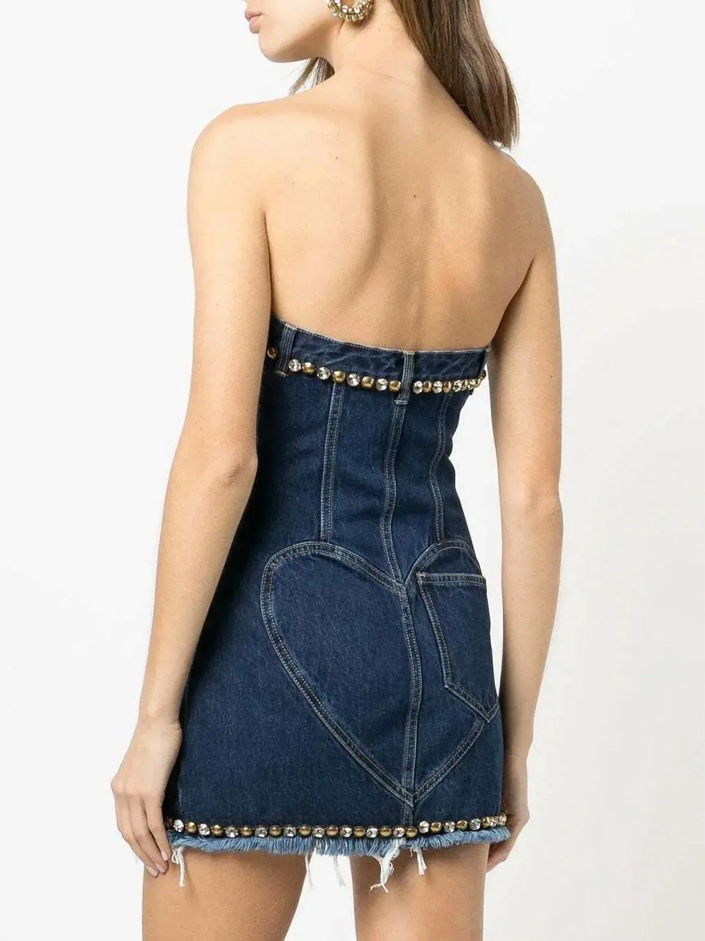 Strapless Crystal Embellished Denim Mini Dress