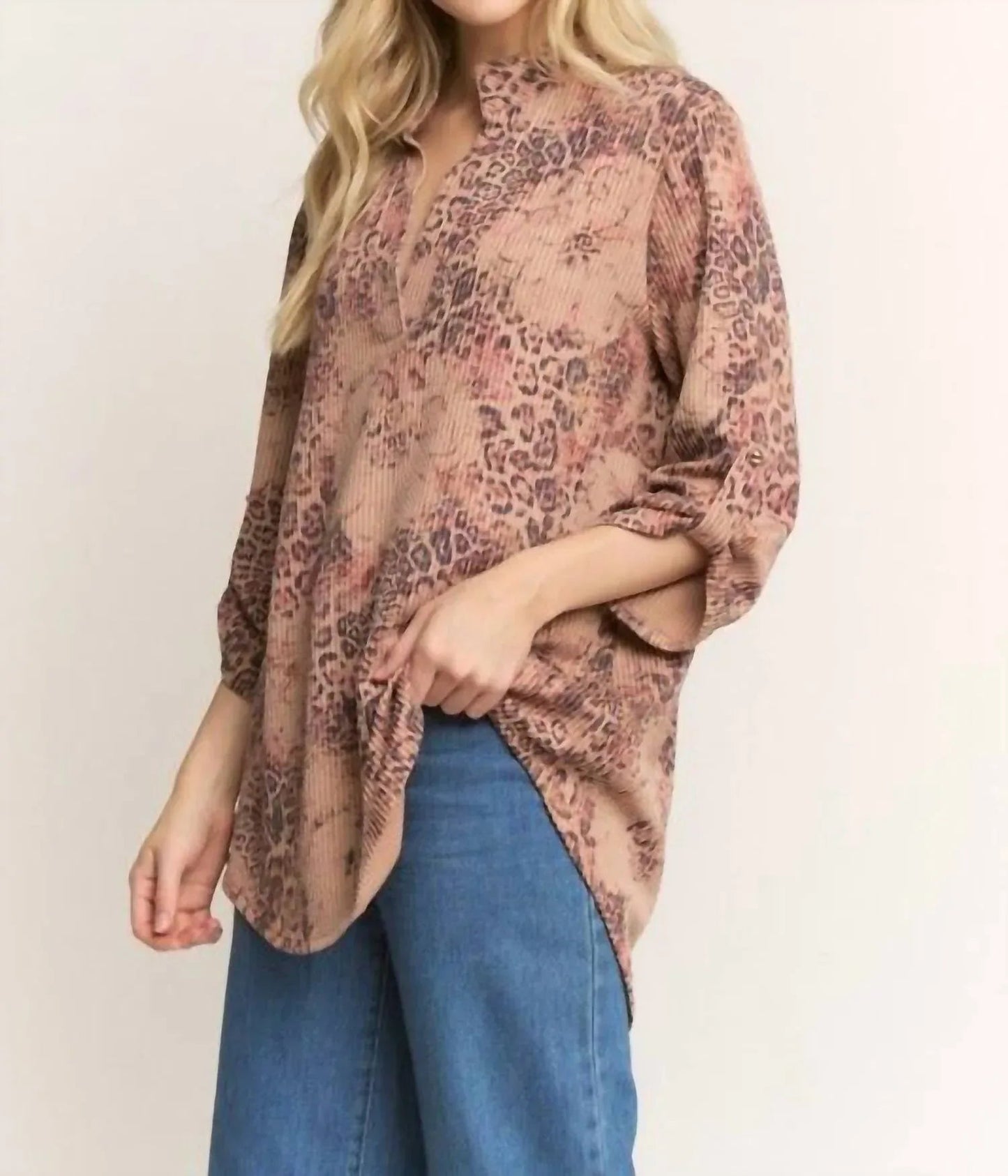 Stehkragen-Oberteil mit Animal-Print
