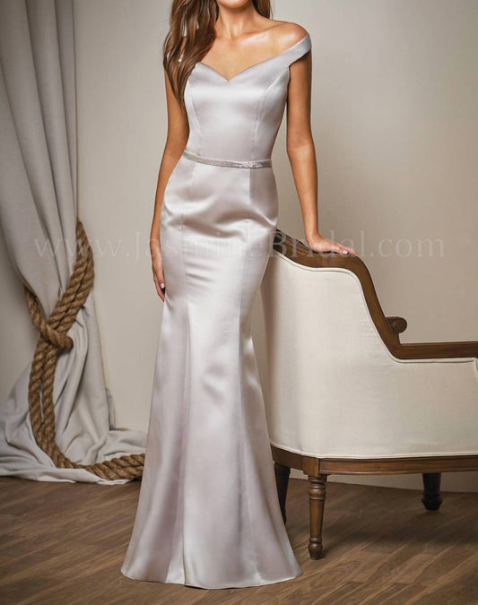 Belsoie Off-The-Shoulder Satin Gown with Belt