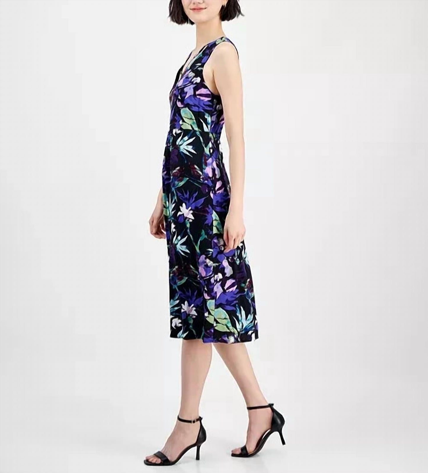 Trägerloses V-Ausschnitt Blumen Midikleid