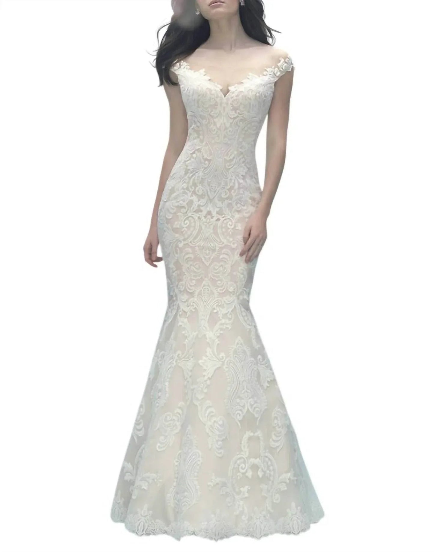 Off-Shoulder Lace Gown with Detachable Tulle Train