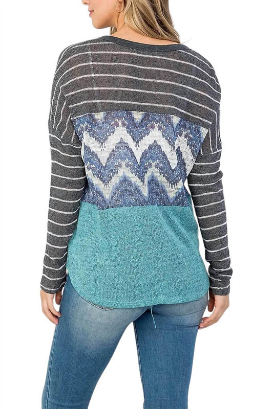 Colorblock Front Tie Long Sleeve Top