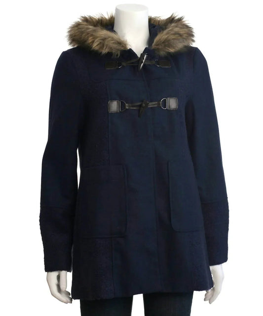 Women's Hooded Toggle Coat With Faux Fur Trim