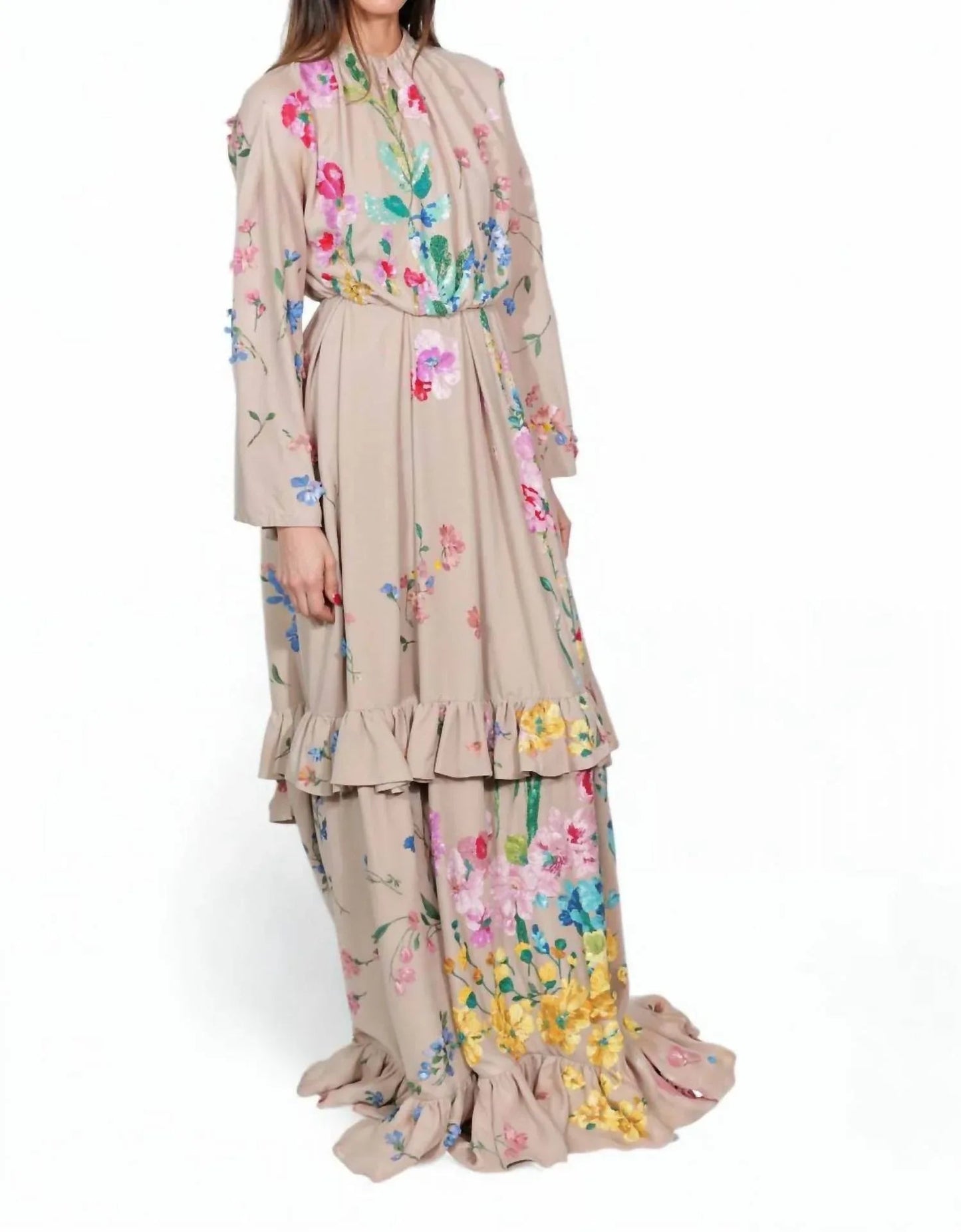 Geblümtes, besticktes Kleid mit Rüschensaum