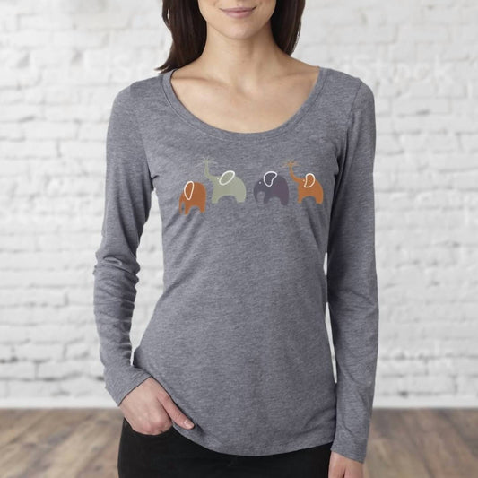 Womens Happy Elephant Family Long Sleeve Scoop Neck T-Shirt