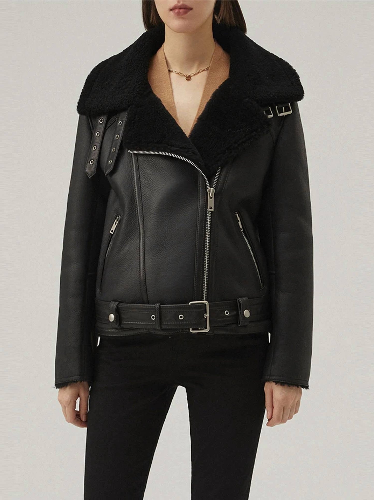 Asymmetrische Shearling-Lederjacke