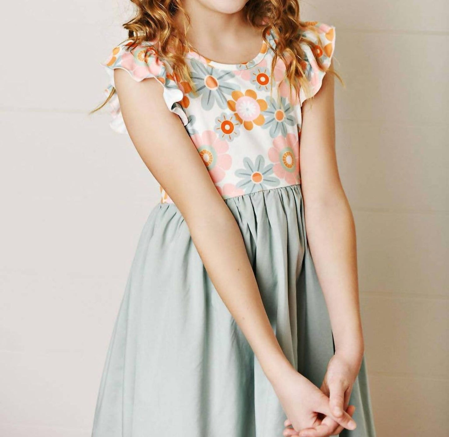 Mädchen Retro Gänseblümchen Vokuhila Kleid mit Volantärmeln
