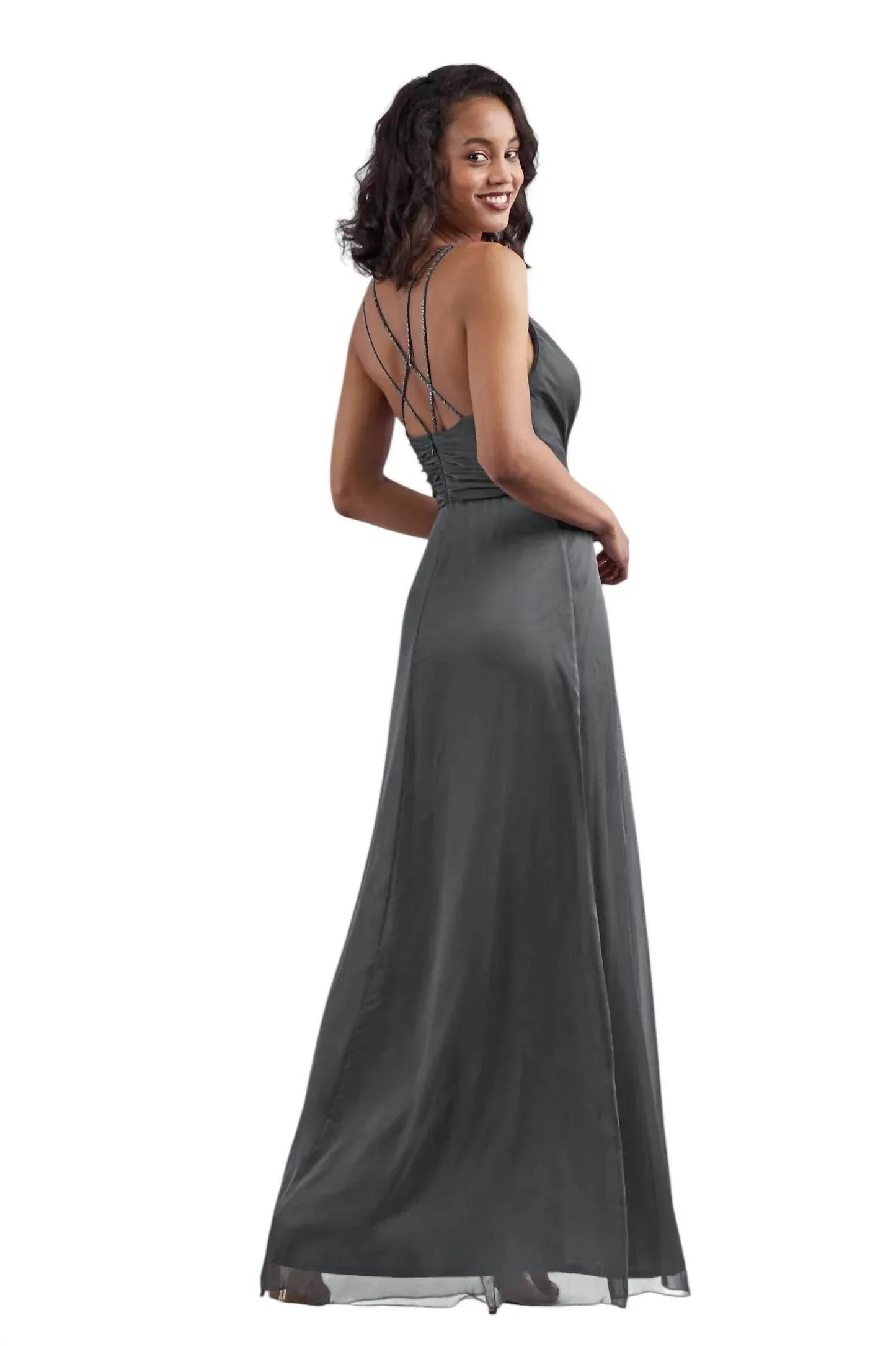 Tiffany Chiffon Long Bridesmaid Dress with V-neckline
