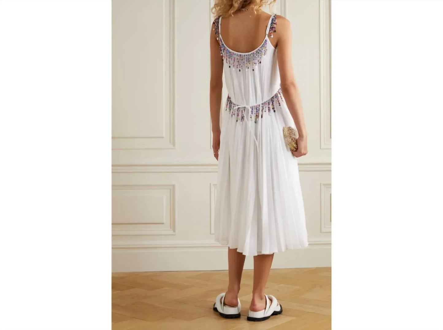 Pleated Bead-Embellished Georgette Mini Dress