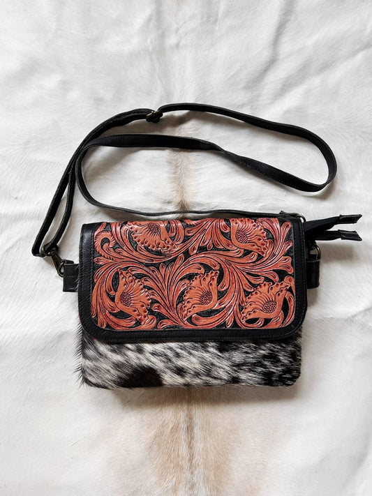 Women's Cowhide Purse W/ Leather Tooled Flap Crossbody