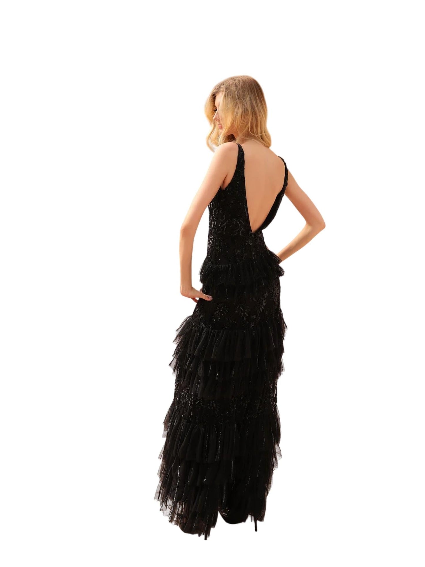 Beaded Long Ruffled Prom Dress
