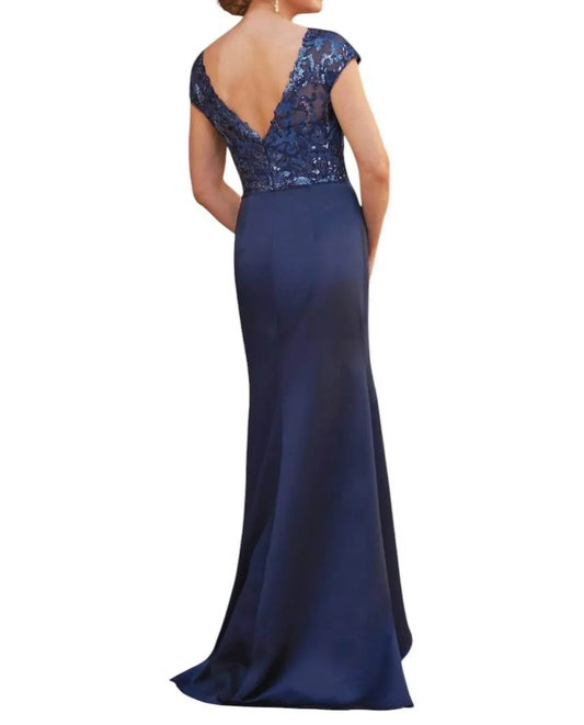 V-Ausschnitt Pailletten Metallic Bestickte Spitze & Marquis Satin MOB Kleid