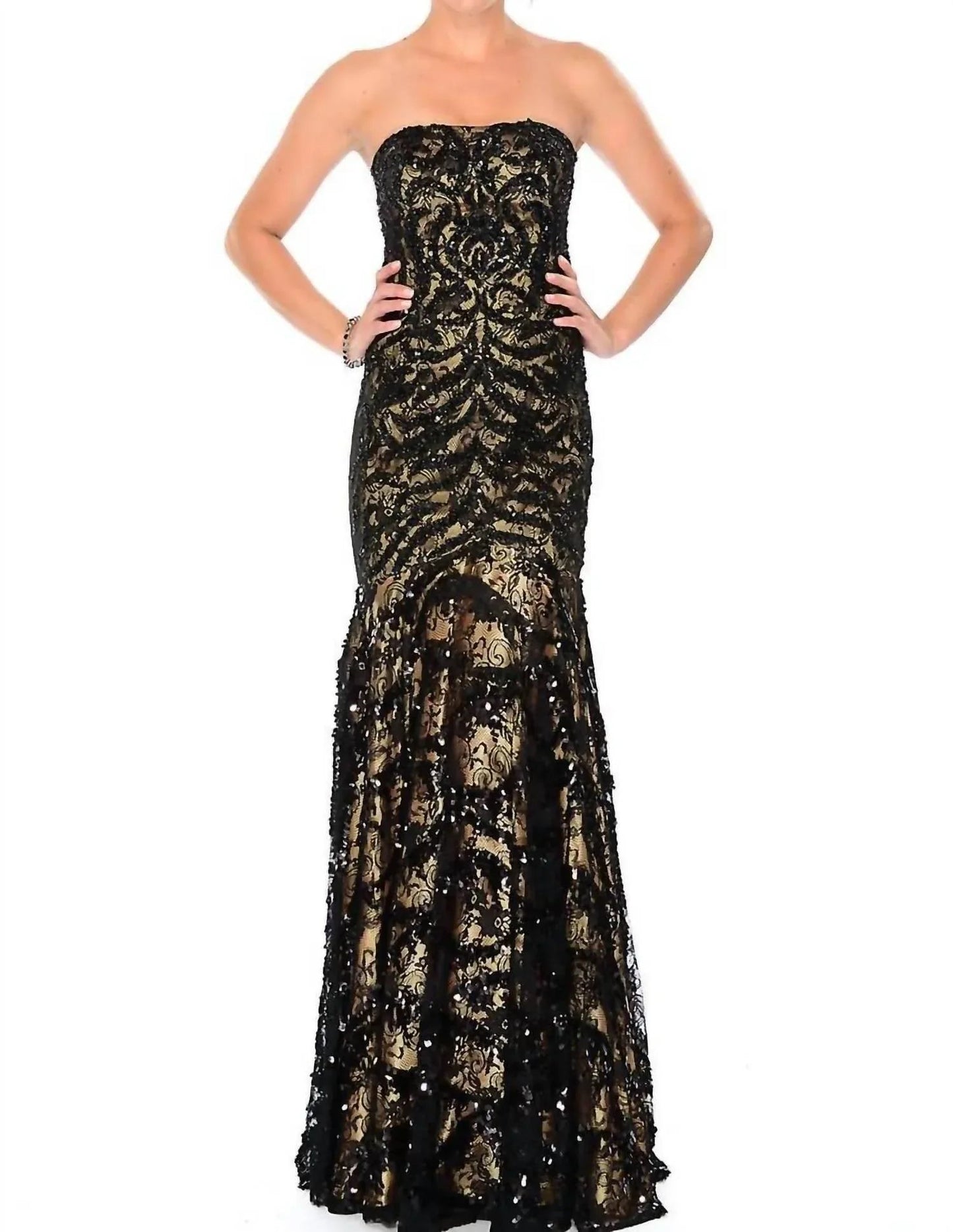 Trägerloses Kleid mit Spitze- und Pailletten-Overlay