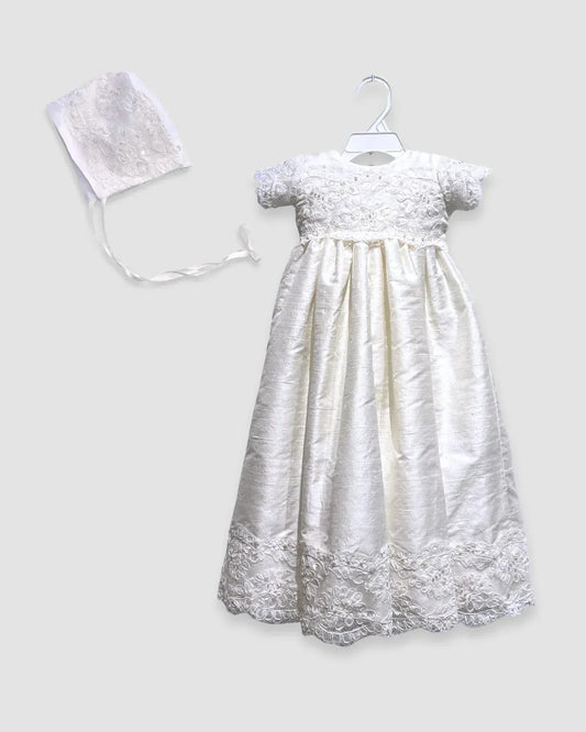Mädchen zweiteiliges Seidenkleid mit Spitze und Perlen