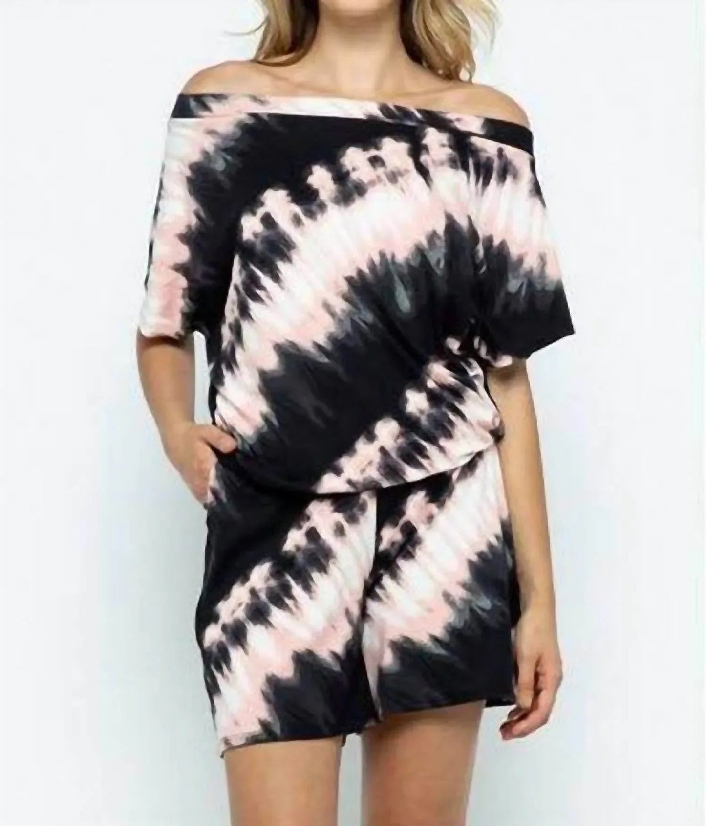 Off The Shoulder Tie Dye Pocket Romper