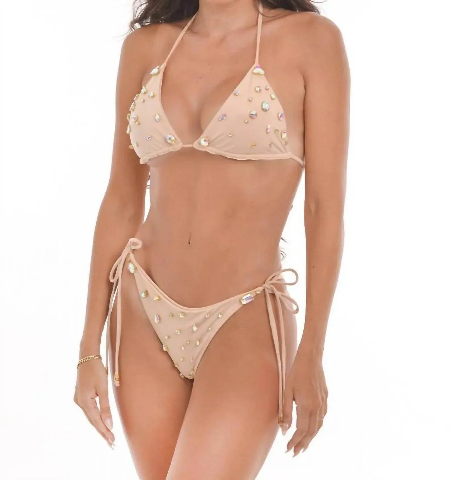 Sequined Swimsuit with Chains and Embellishments
