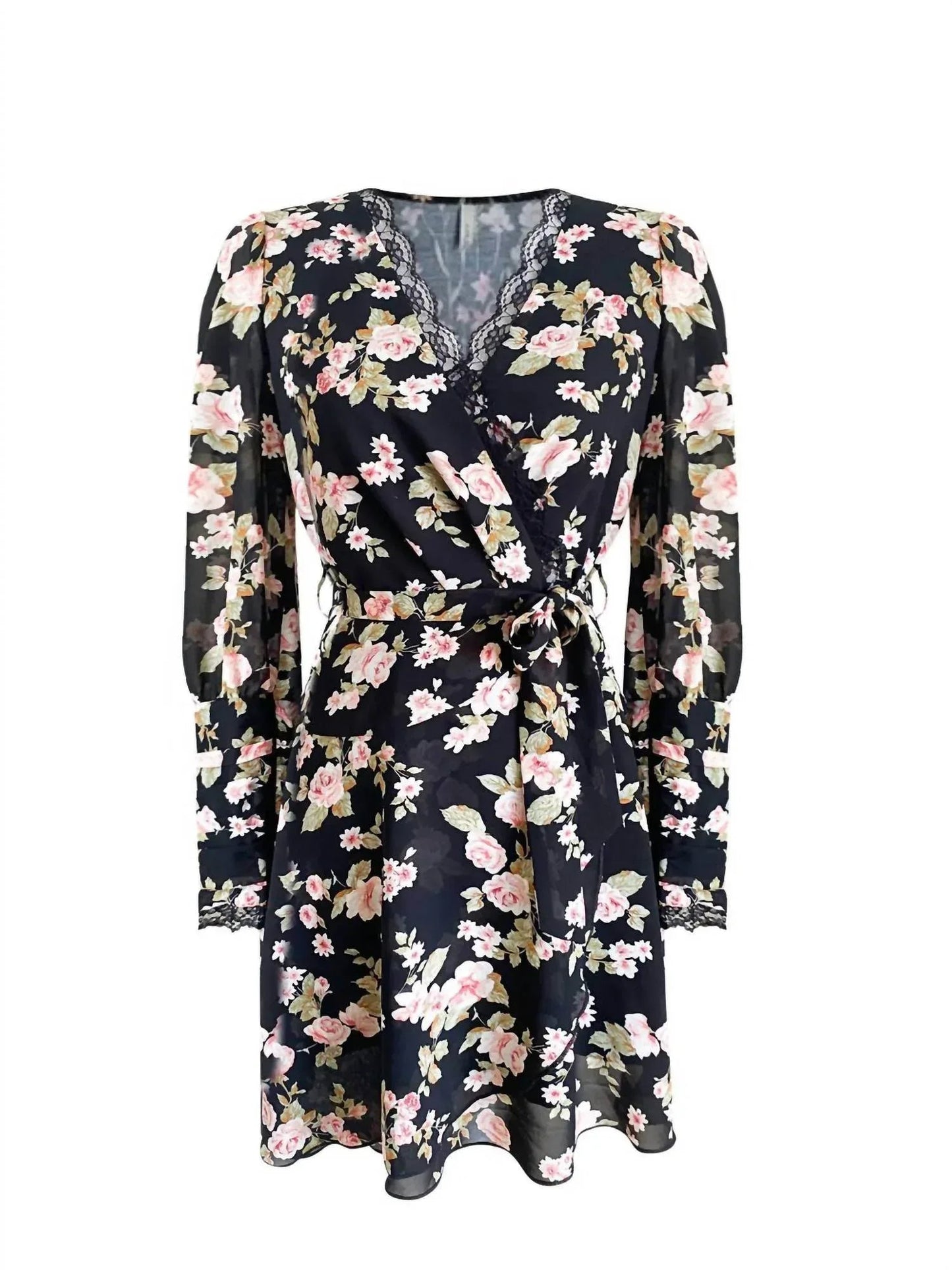 Damen Blumenkleid mit V-Ausschnitt und Gürtel