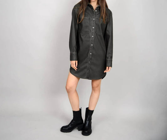 Aliska Distressed Faux Leather Snap Front Shirt Dress