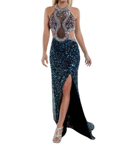 Beaded Cut Out Halter Gown