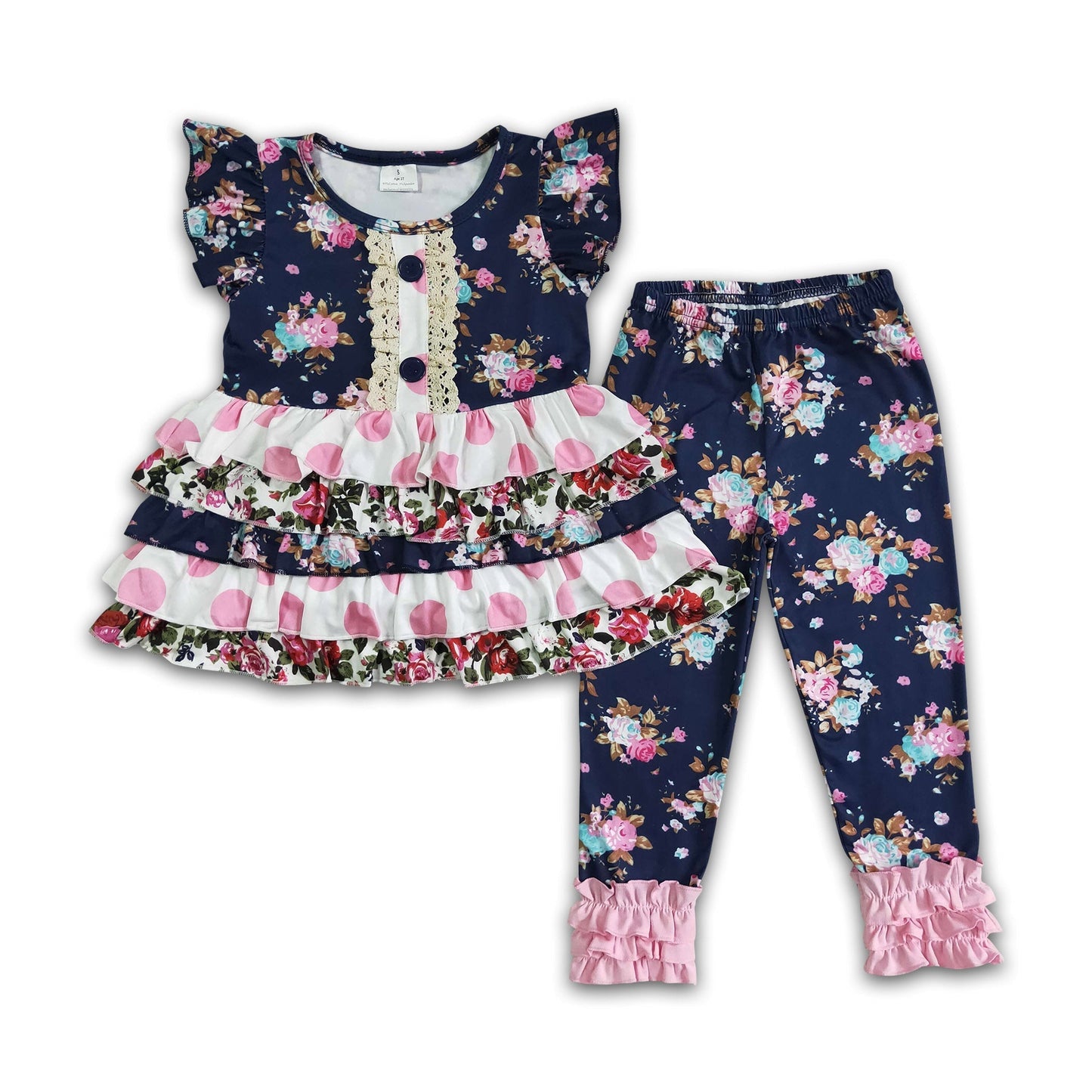 Mädchen Blaue Tunika mit Blumenmuster und Rüschen