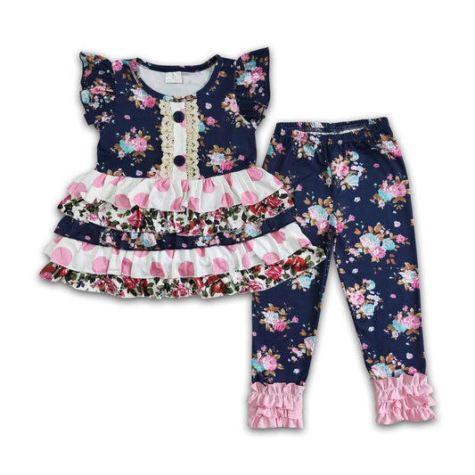 Mädchen Blaue Tunika mit Blumenmuster und Rüschen