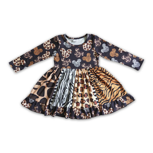 Mädchen Langarm Kleid Maus Leopard Panel zum Wirbeln