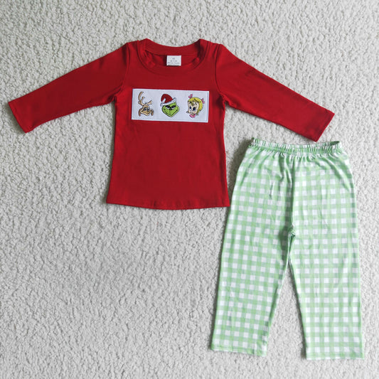Grünes Oberteil mit Gesichtsstickerei, passende Hose, Jungen-Weihnachtskleidung