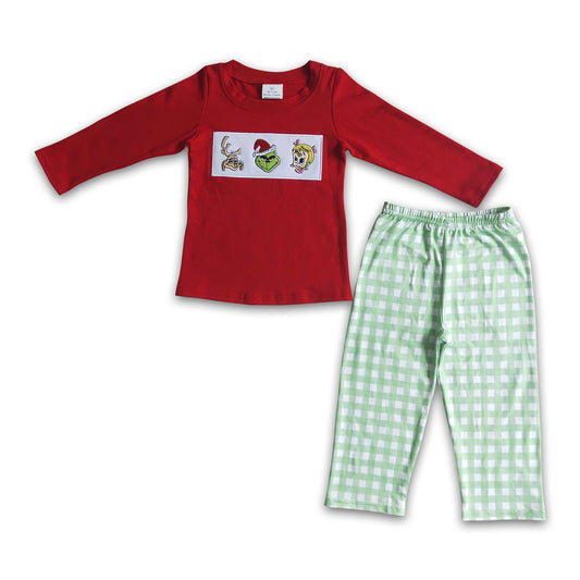 Grünes Oberteil mit Gesichtsstickerei, passende Hose, Jungen-Weihnachtskleidung