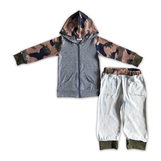 Grauer Kapuzenpullover mit Reißverschluss, Camouflage-Hose mit Dinosauriern, Jungen-Herbstoutfits