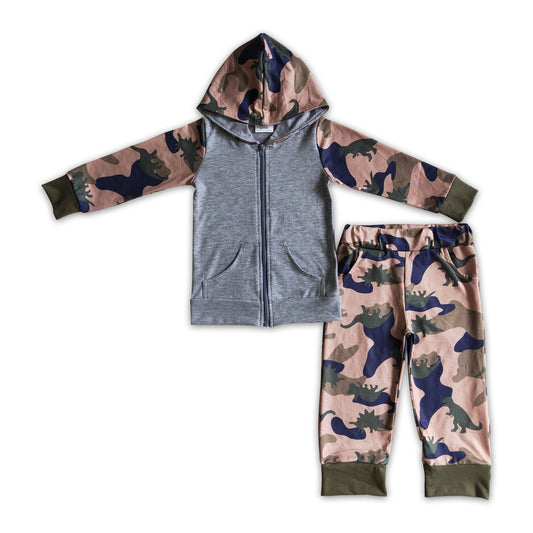 Grauer Kapuzenpullover mit Reißverschluss, Camouflage-Hose mit Dinosauriern, Jungen-Herbstoutfits