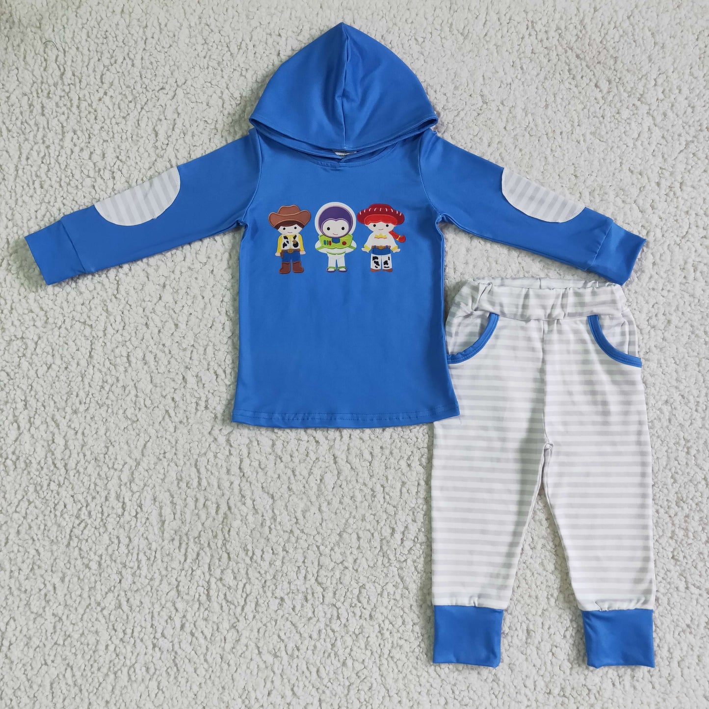 Blauer Kapuzenpullover mit passender Tasche, gestreifte Hose, Kinderkleidung für Jungen, Herbst