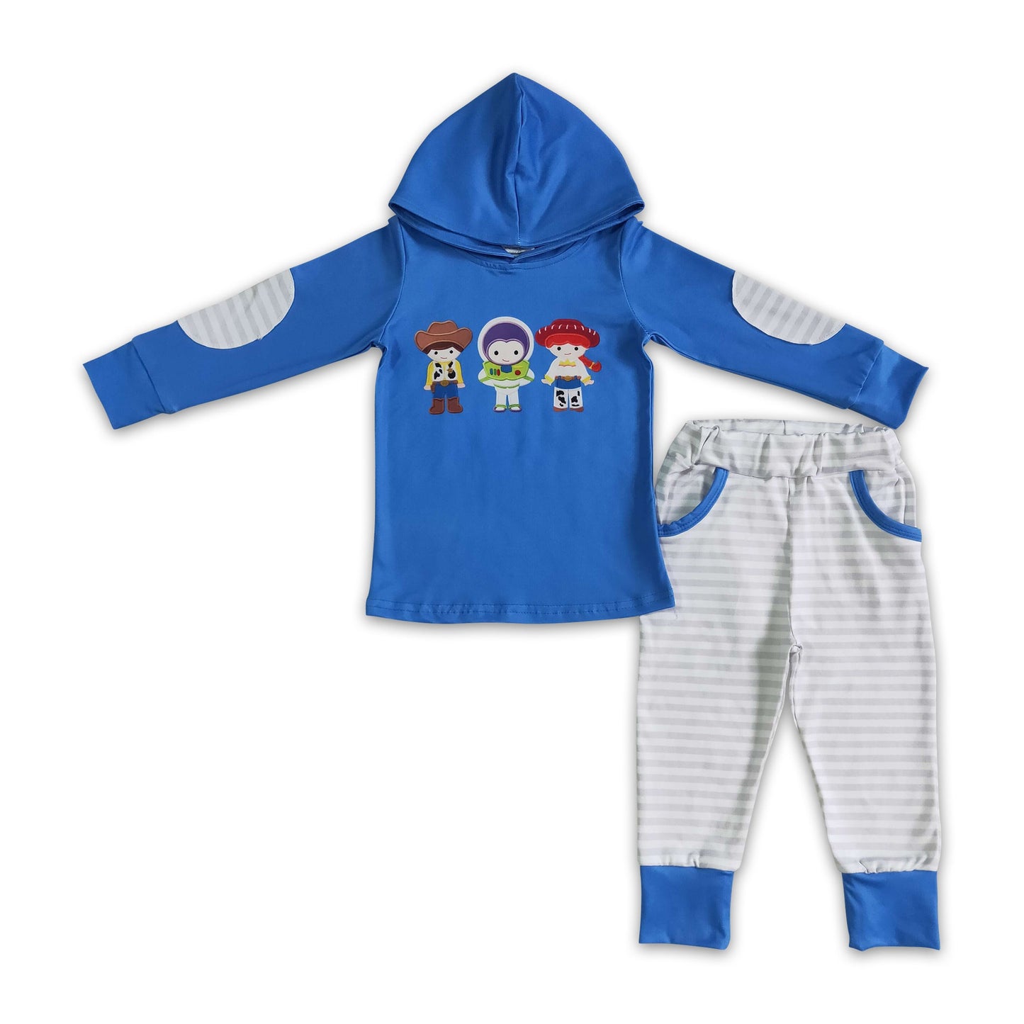 Blauer Kapuzenpullover mit passender Tasche, gestreifte Hose, Kinderkleidung für Jungen, Herbst