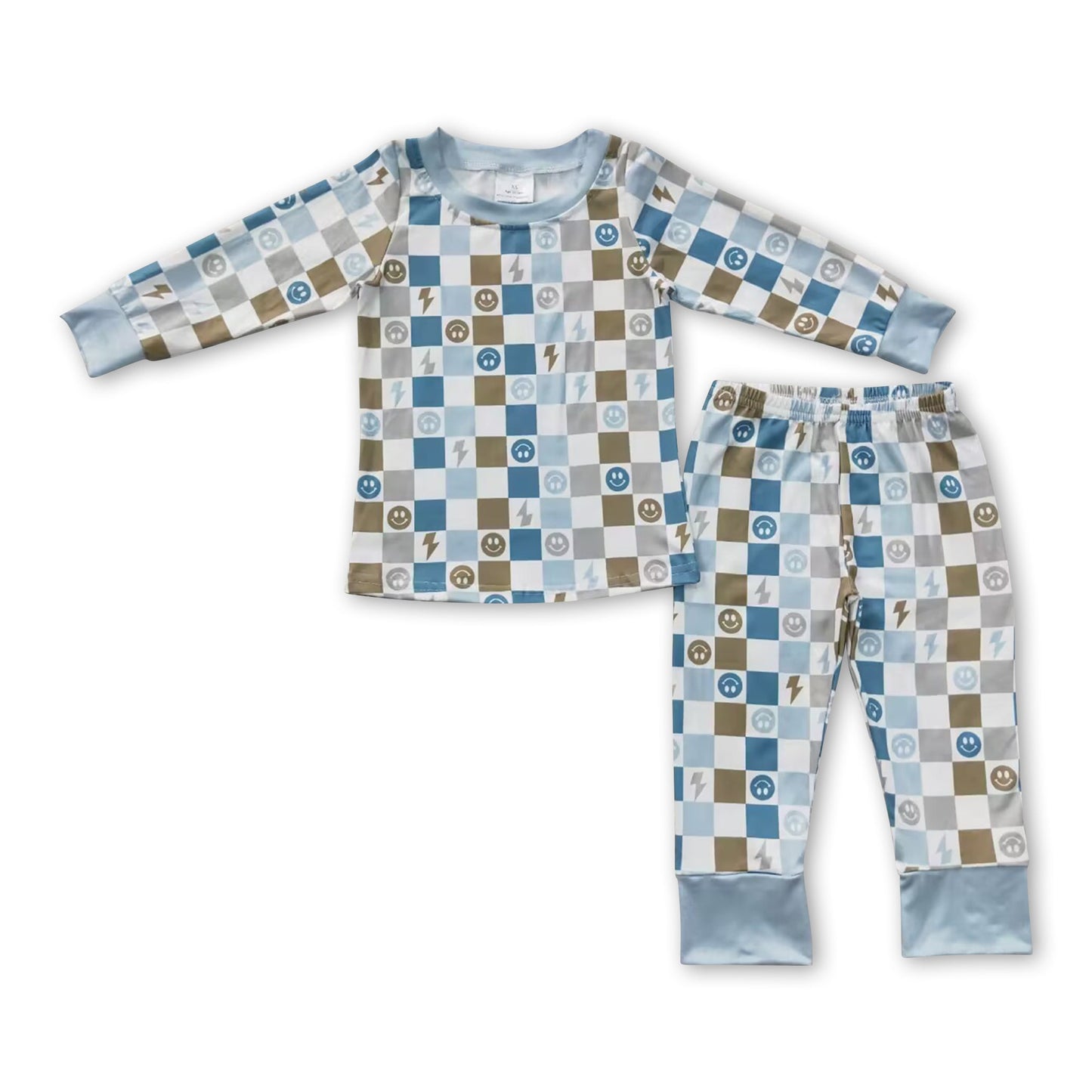 Lächelndes kariertes Langarm-Pyjama für Babys und Kinder für den Herbst