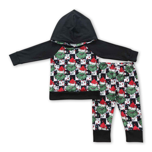 Grünes Gesicht karierter schwarzer Kapuzenpullover Set Jungen Weihnachtsoutfits