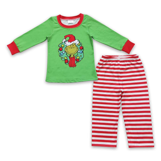 Grünes Gesicht Oberteil gestreifte Hose Kinder Junge Weihnachtsoutfits