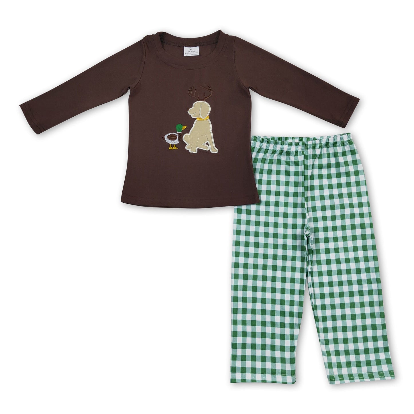 Ente Hund braun Oberteil karierte Hose Jungenkleidung
