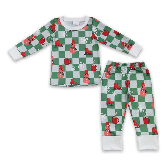 Grün karierter Schneeflocken-Lächeln-Schneemann Kinder Jungen Weihnachtspyjama