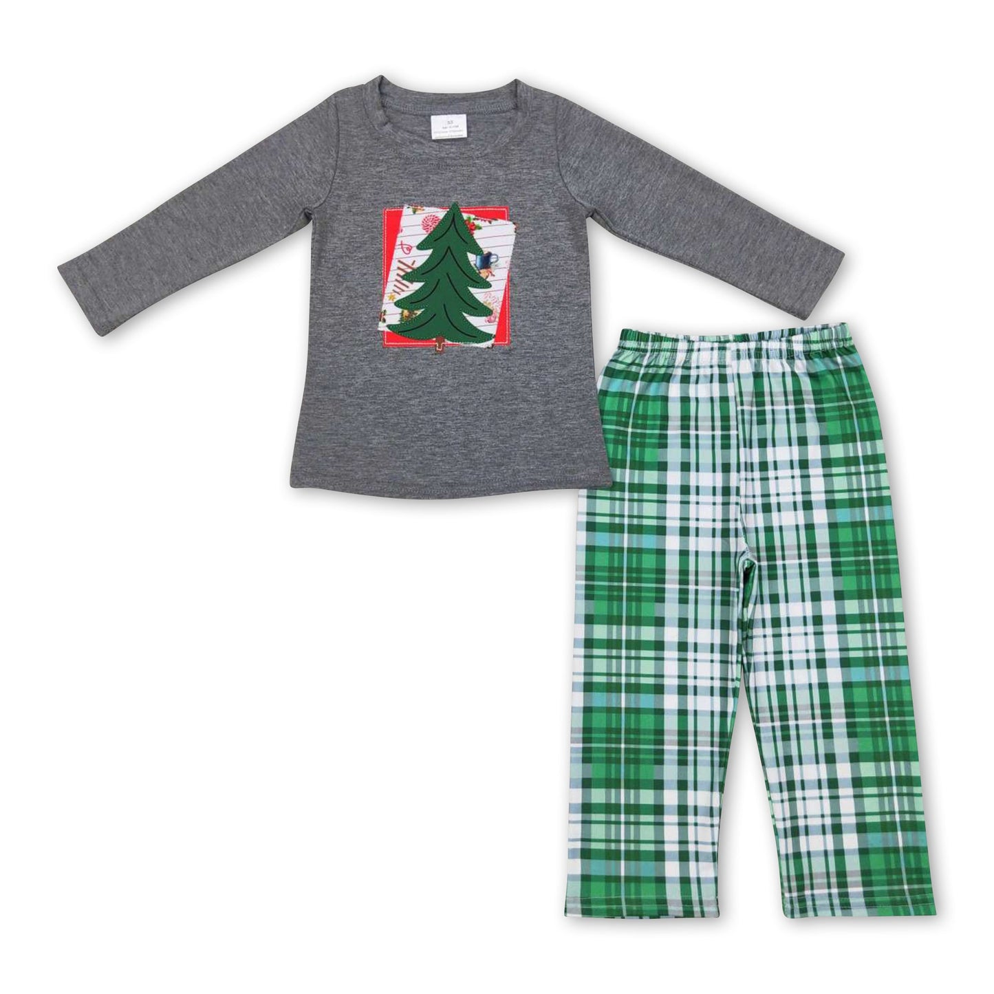 Grauer Weihnachtsbaum-Plaidhose Jungenkleidungsset