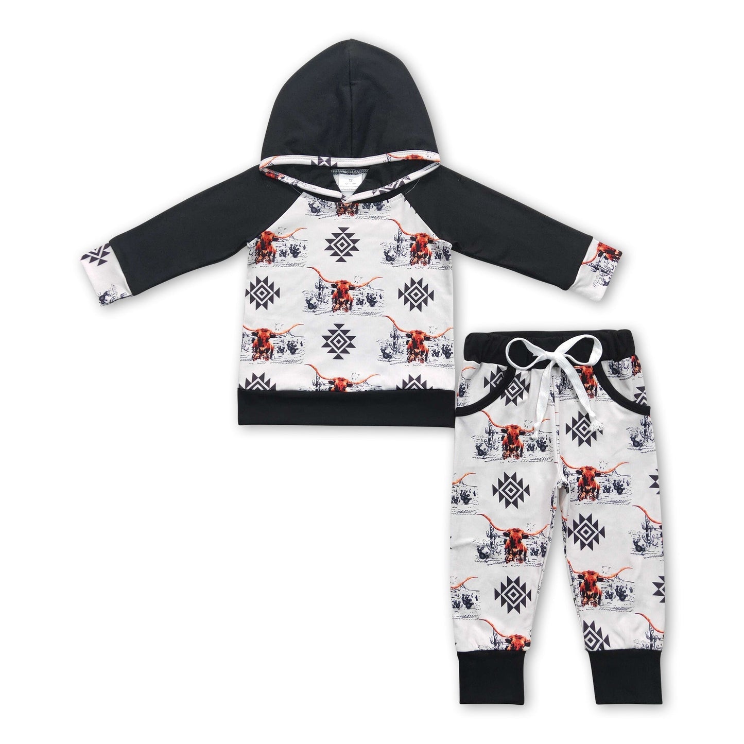 Schwarzer Hochlandrind-Kapuzenpulli Hose Western Kinder Jungen Outfits