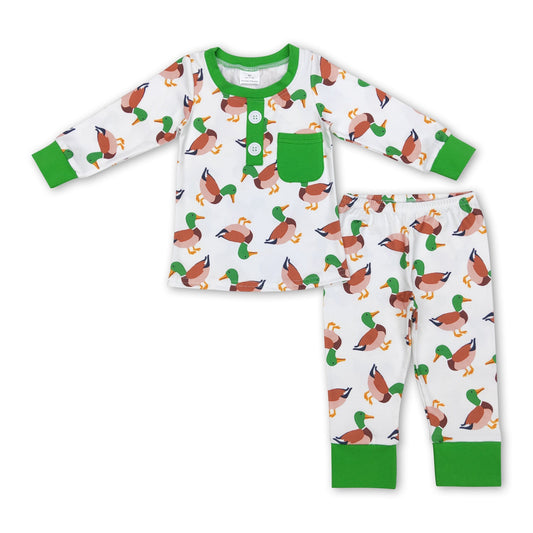Grüner langärmliger Enten-Baby-Schlafanzug mit Tasche für Jungen