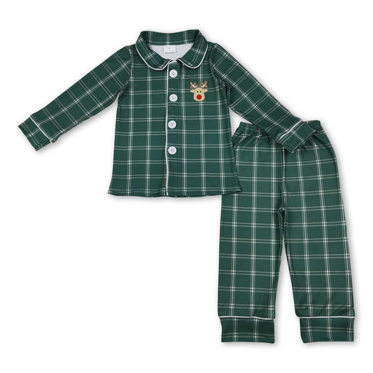 Grünes kariertes Hirsche-Jungen-Weihnachtshemdpyjama