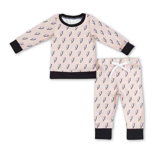 Khakifarbenes Langarm-Baby-Kinderbekleidungsset mit Donner-Motiv