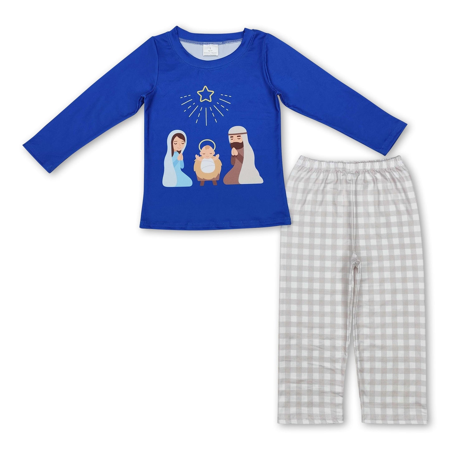 Blaues Langarm-Krippen-Oberteil, karierte Hose, Weihnachts-Set für Jungen