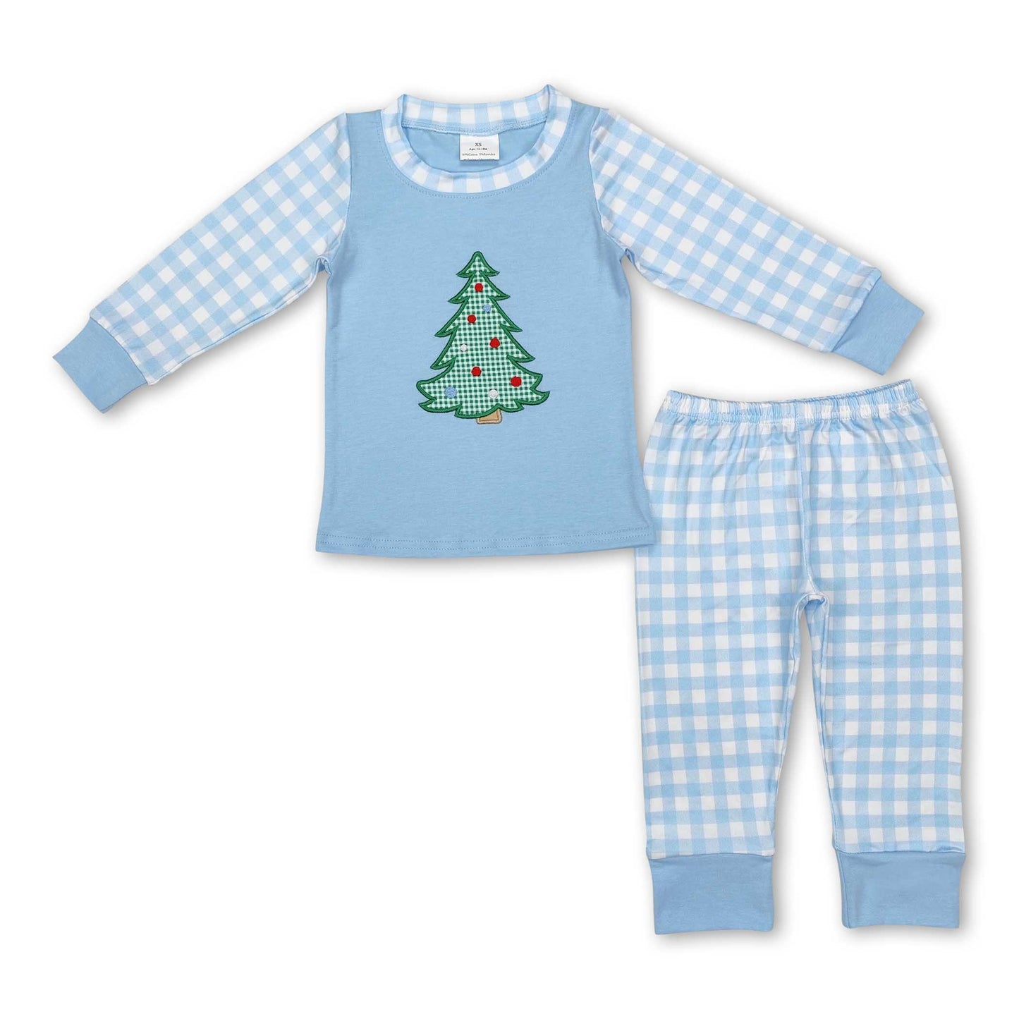 Hellblau karierter Weihnachtsbaum Pyjama für Jungen
