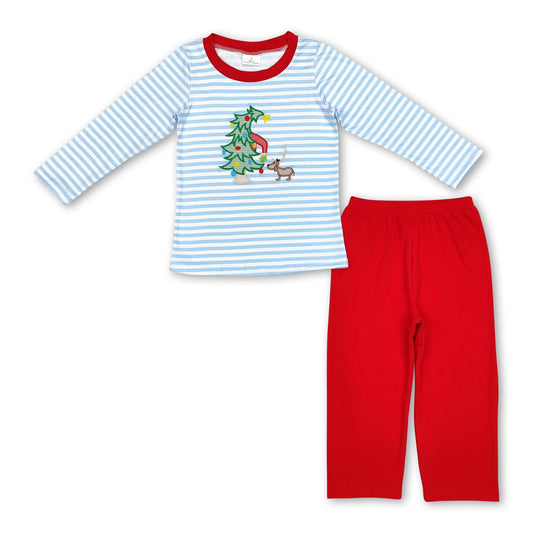 Gestreifter Weihnachtsbaum-Oberteil rote Hose Jungen-Bekleidungsset