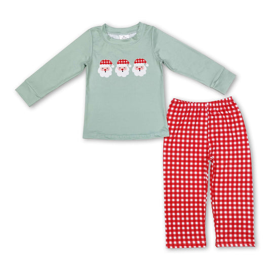 Grüner Weihnachtsmann-Oberteil, karierte Hose, Kinder, Jungen, Weihnachts-Outfits