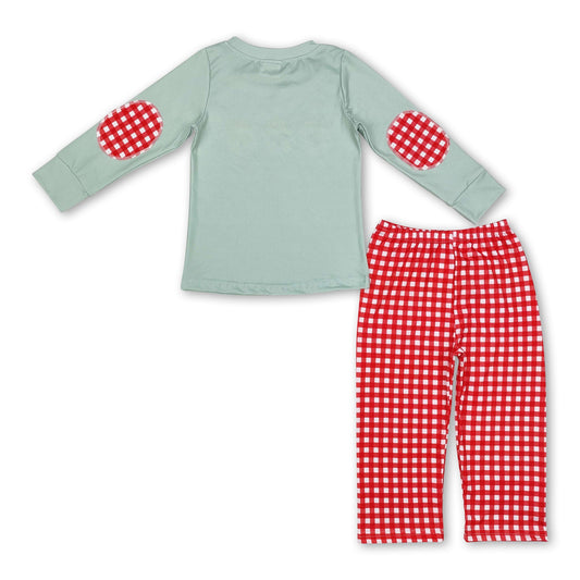 Grüner Weihnachtsmann-Oberteil, karierte Hose, Kinder, Jungen, Weihnachts-Outfits
