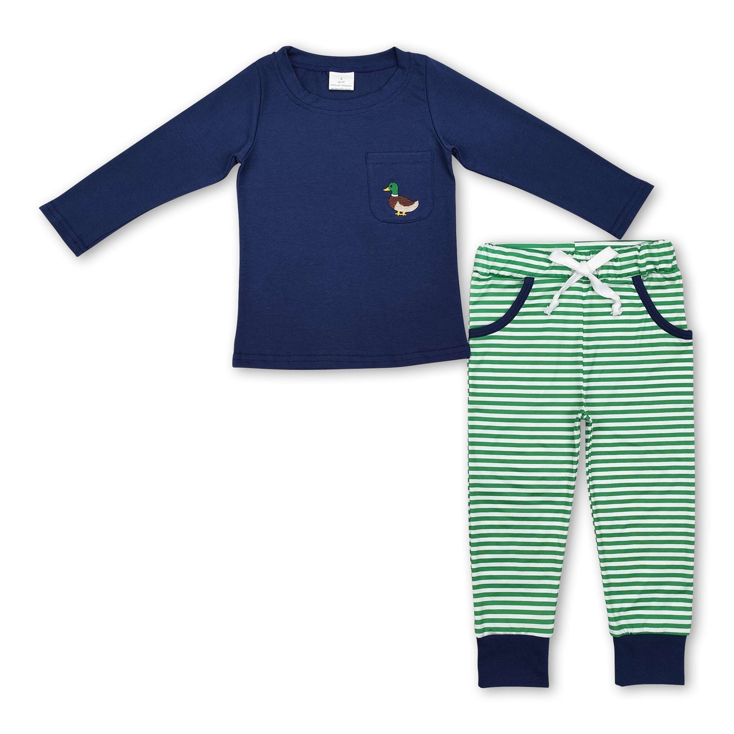 Dunkelblaue Enten-Taschenoberteil-Streifenhose Jungenkleidung