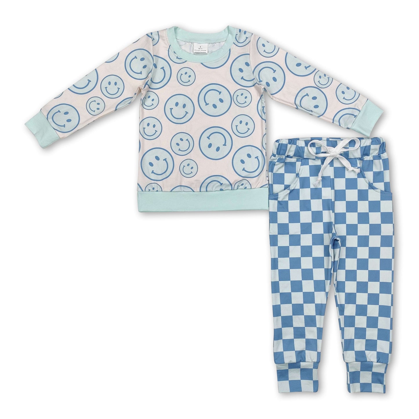 Langarm-Smiley-Oberteil, karierte Hose, Jungen-Bekleidungsset